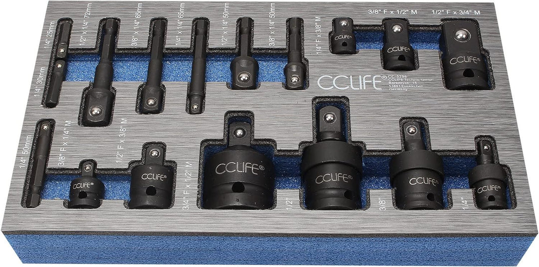 CCLIFE 17tlg Stecknuss Adapter für Schlagschrauber 1/4' 3/8' 1/2' 3/4' Bit Nuss & Kardangelenk | Cr-
