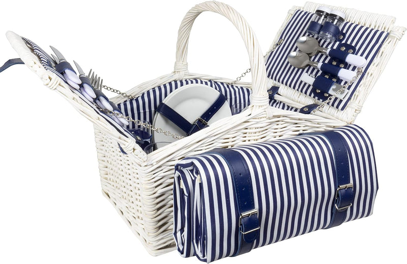 Trendyshop365 Picknickkorb Set 25-teilig mit Geschirr für 4 Personen und Picknickdecke Blau-Weiss, 4