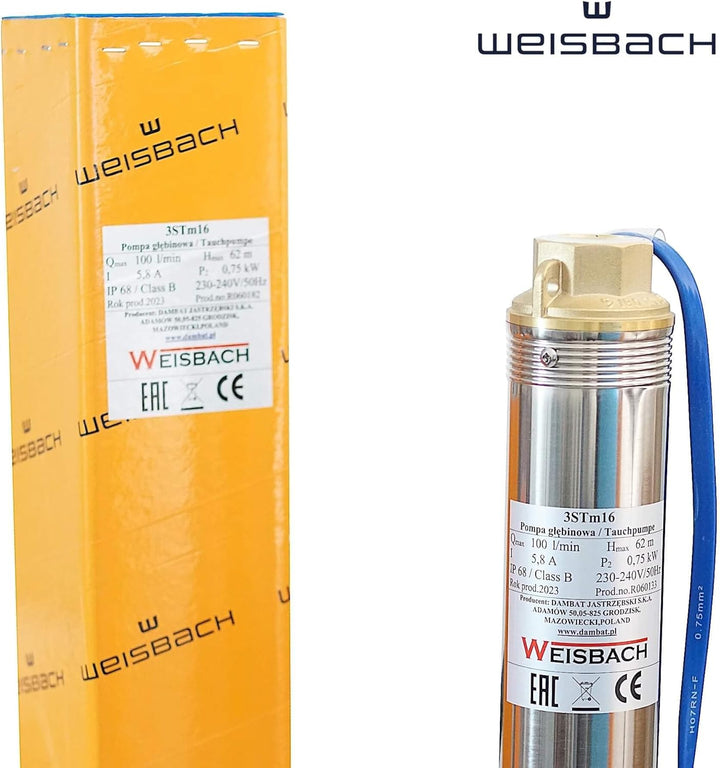 3" WEISBACH Tiefbrunnenpumpe 3STM16 0,75kW 6000l/h 6,2bar sandverträglich