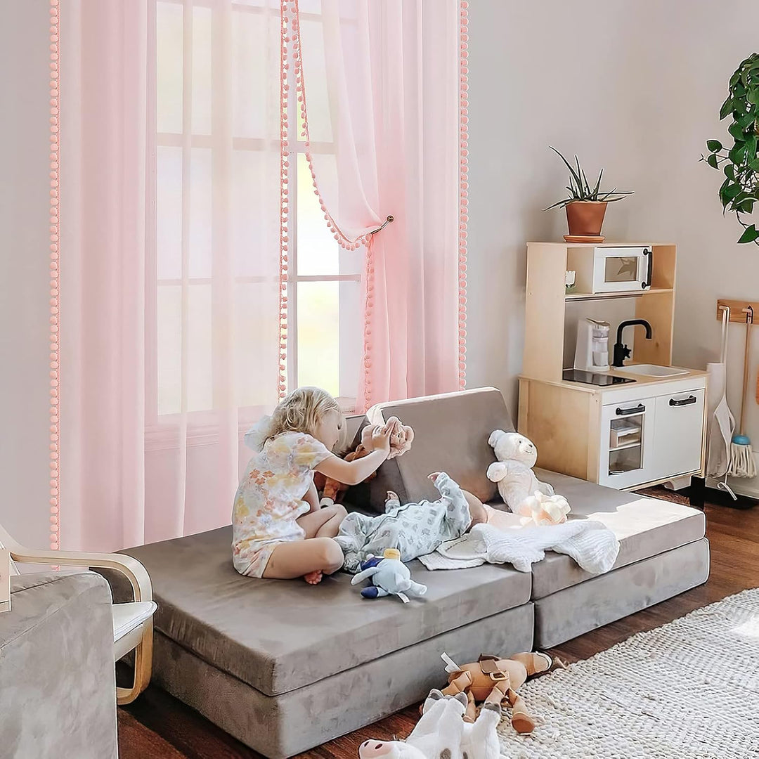MIULEE Gardinen mit Pompons-Hübsche Korallenrosa Transparent Gardinen für Kinderzimmer Mädchen, 2 St