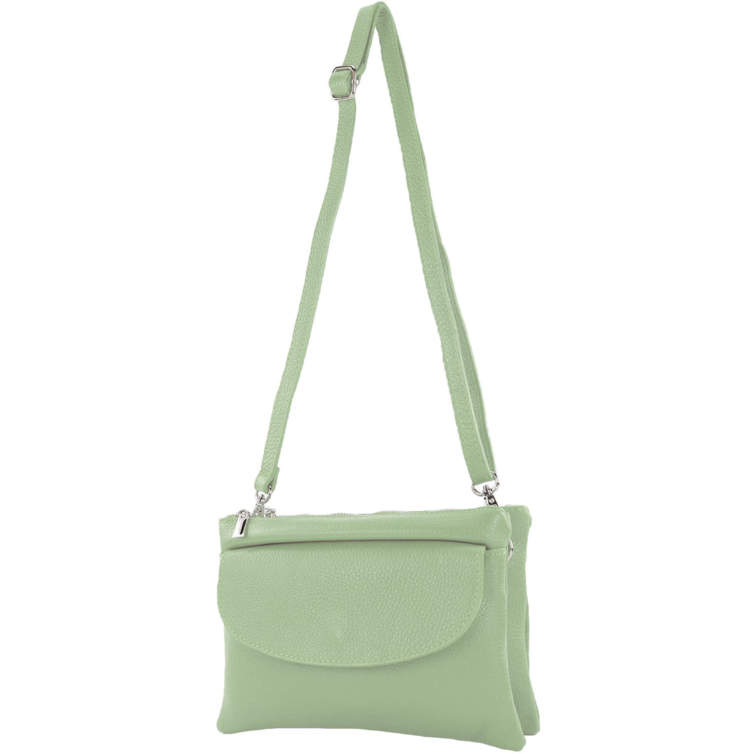modamoda de - T199 - ital. Umhängetasche Clutch Leder Klein Graugrün, Graugrün