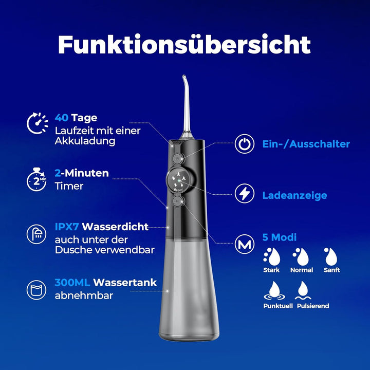 Water Flosser Munddusche Kabellos Zahnreinigung : 5 Modi LED-Anzeige Zahndusche mit 300ML Wassertank