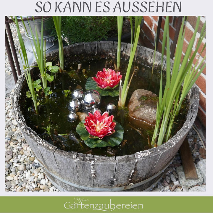 Miniteich Komplettset mit 2 künstlichen Seerosen rot Schwimmkugeln - Teichkugeln in Silber für Teich
