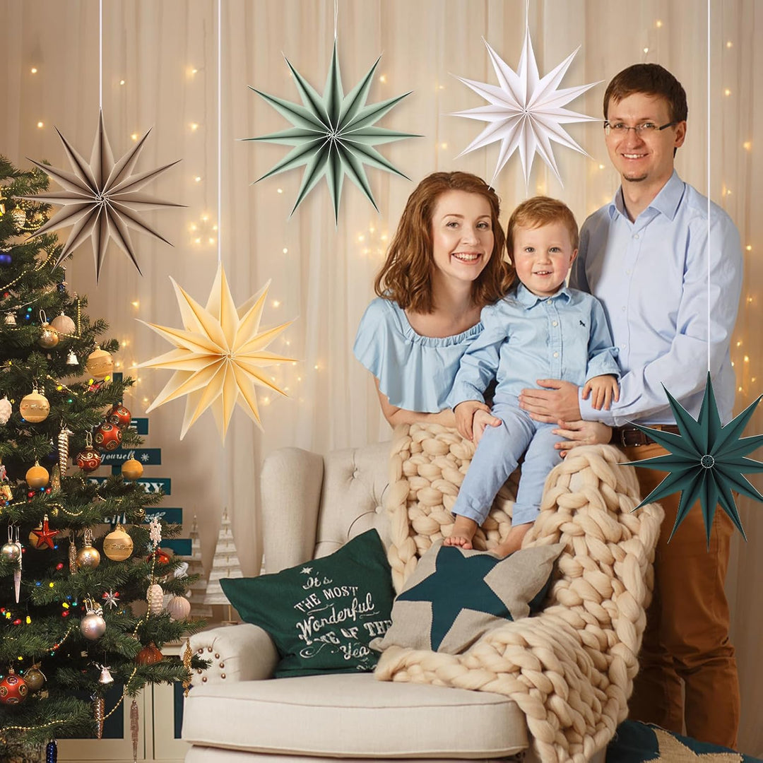 5 Stück Papiersterne Weihnachten Braun 30cm Beige 12 Zacken Papiersterne Faltsterne mit Klettverschl