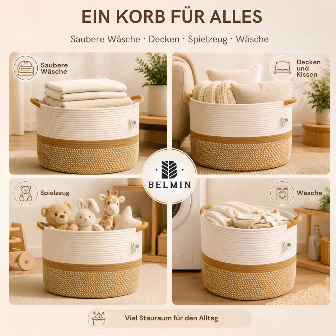 BELMIN Wäschekorb XL Ø50cm – Faltbarer Aufbewahrungskorb mit Griffen, Dekorativer Wäschesammler für