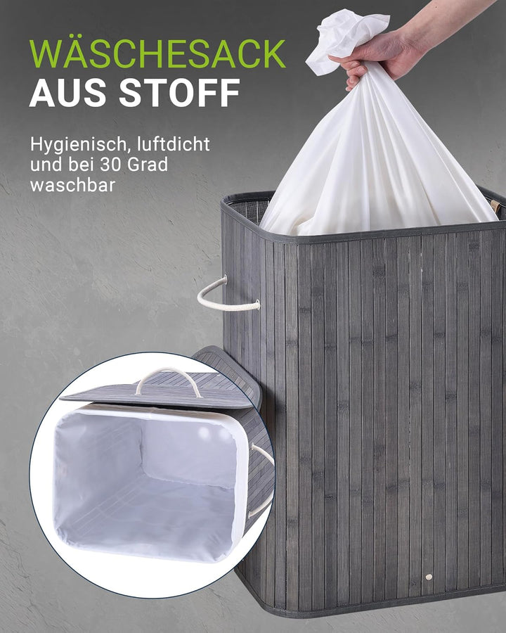 Juskys Bambus Wäschekorb Curly Grau 100L - Hygienischer Wäschekorb mit Deckel, Tragegriff & Wäschesa