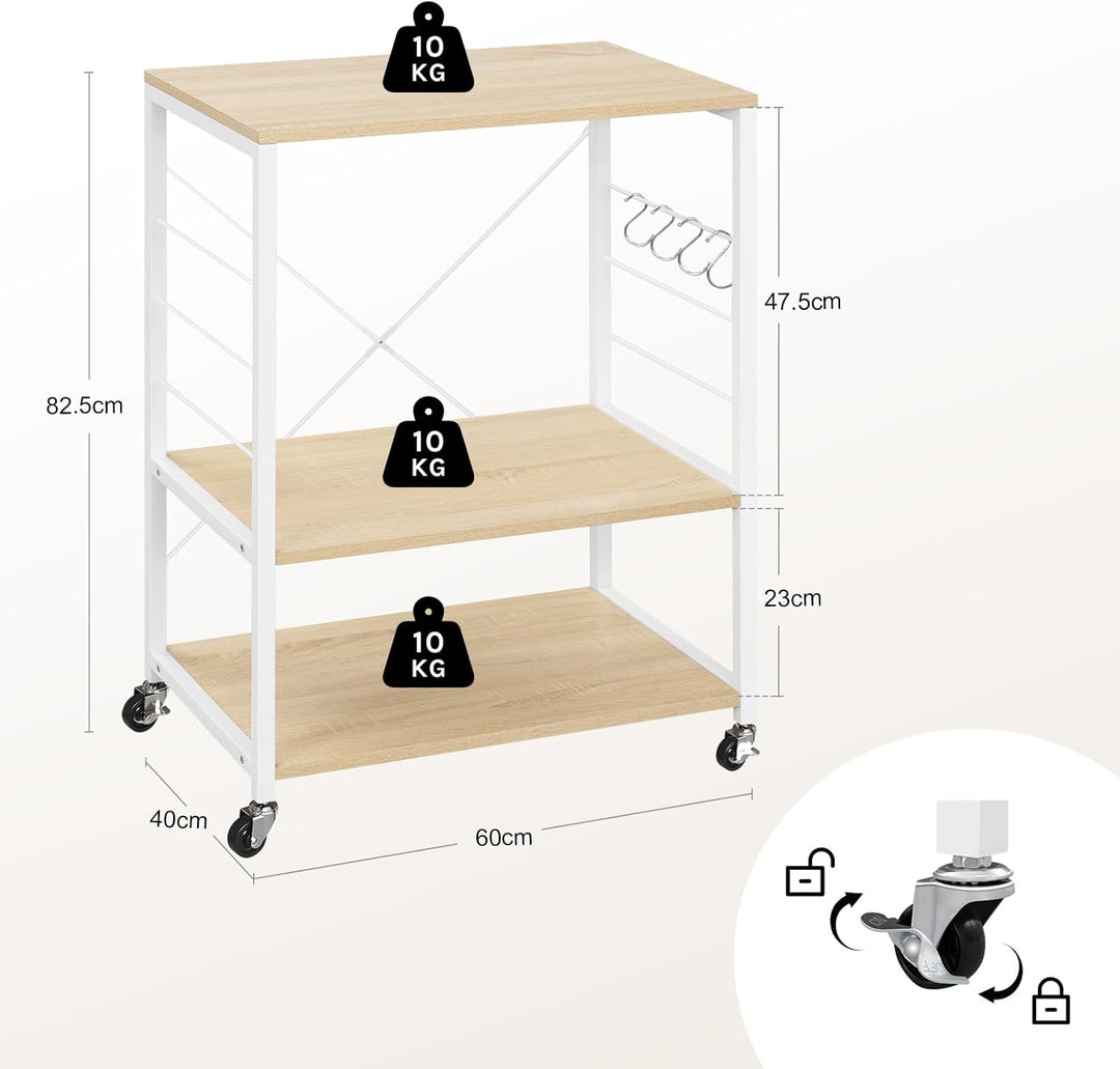 WOLTU Küchenregal auf Rollen, Mikrowellen-Regal mit 3 Ablagen & 4 Haken, dreistufiger Servierwagen m