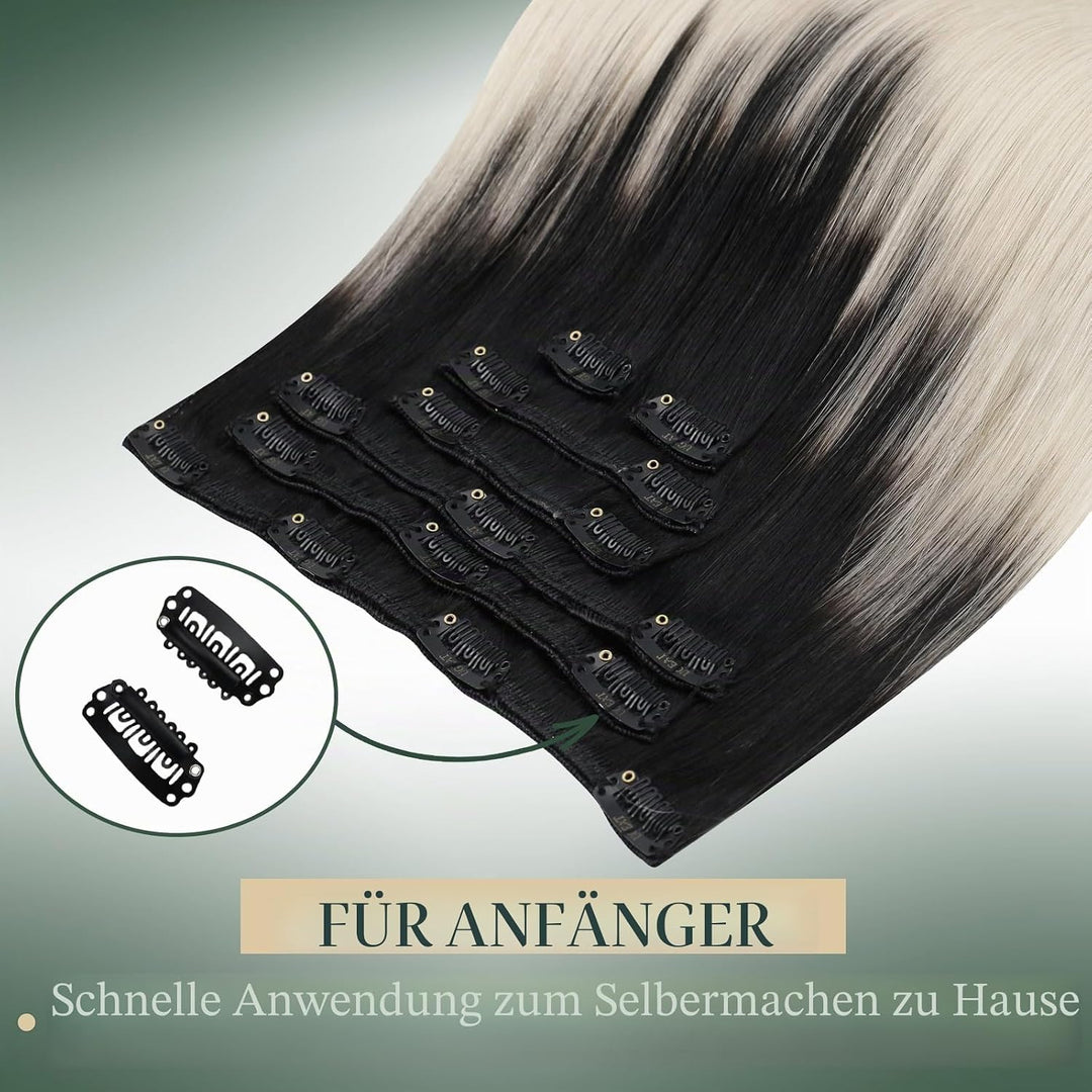 Ugeat Echthaar Clip in Extensions 120Gramm Bayalage Schwarz mit Aschblond bis Platinblond 1B/18/60 C