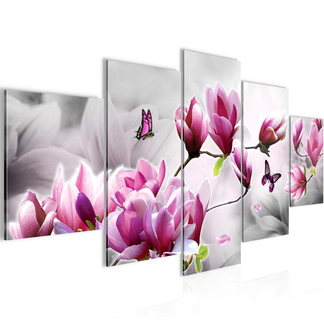 Runa Art Wandbilder Blumen Magnolien 5 Teilig Bild auf Vlies Leinwand Deko Wohnzimmer Schmetterling