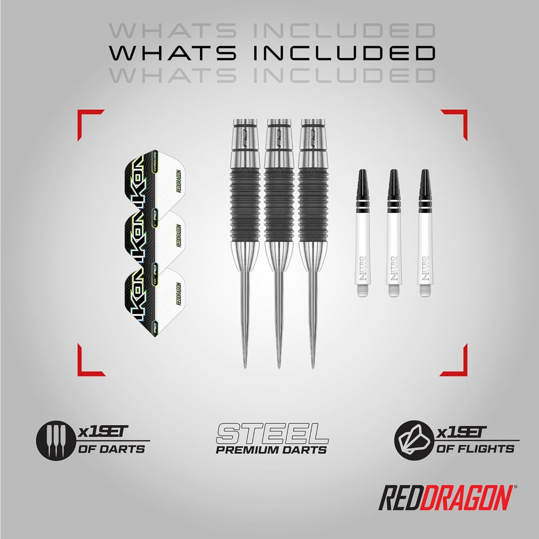RED DRAGON Ikon Signature Series Professionelles Wolfram Steeltip Dart Set mit Flights und Schäften