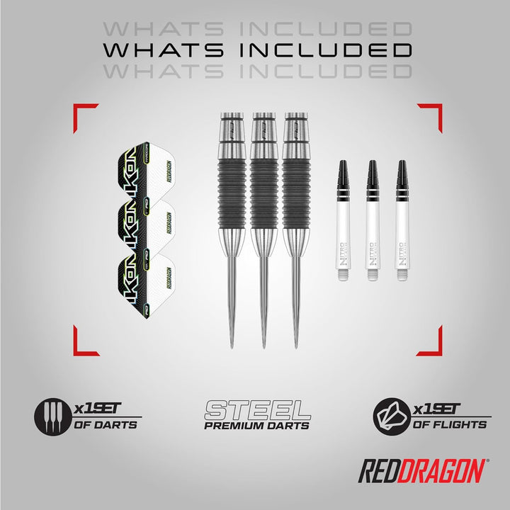 RED DRAGON Ikon Signature Series Professionelles Wolfram Steeltip Dart Set mit Flights und Schäften