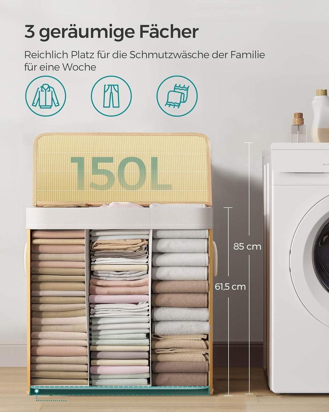 SONGMICS Wäschekorb 3 Fächer, 150 L Wäschesammler mit Deckel, Wäschebox Bambus, mit Griffen, faltbar