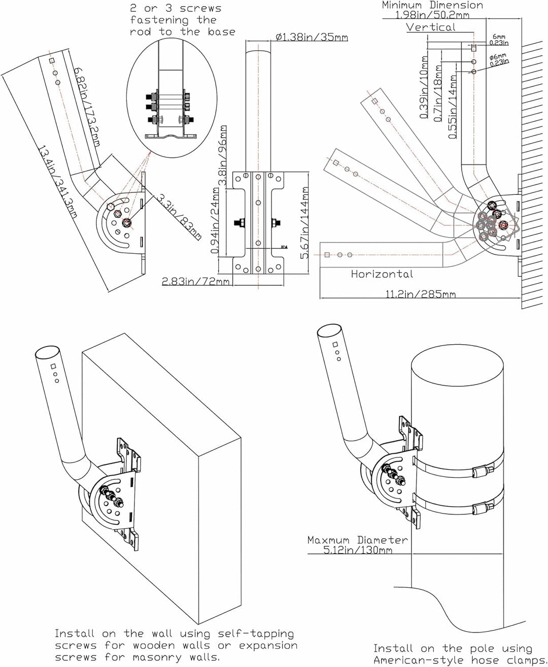 Antennenmast mit verstärktem Stift, J-Stab aus massivem Edelstahl, rostfrei (3,5 cm x 30 cm), kompat