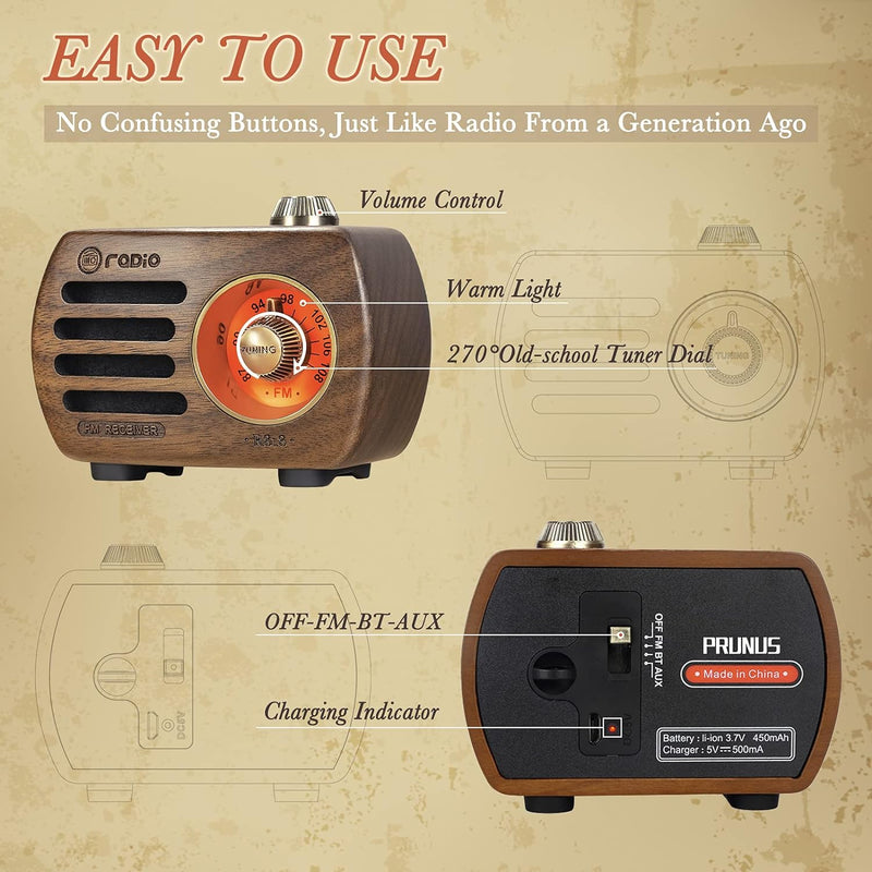 PRUNUS R-818 Holz Mini Radio Klein, Retro Radio mit Bluetooth Lautsprecher, tragbares FM UKW Radio,