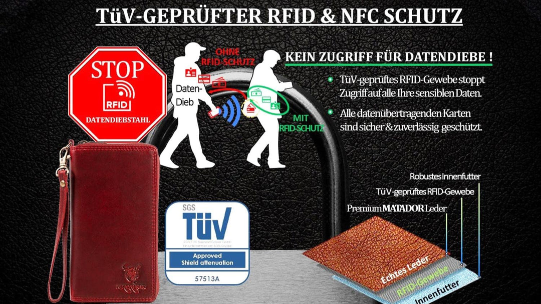 Matador Geldbörse Damen Leder Geldbeutel Echt Leder Langbörse Frauen Rot Viele Kartenfächer TüV Gepr