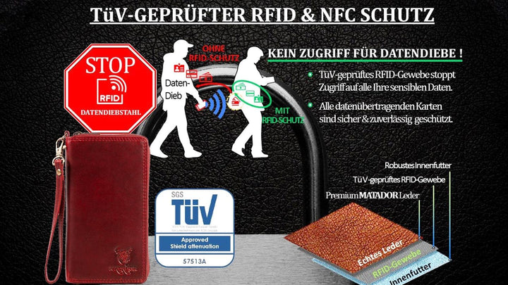 Matador Geldbörse Damen Leder Geldbeutel Echt Leder Langbörse Frauen Rot Viele Kartenfächer TüV Gepr