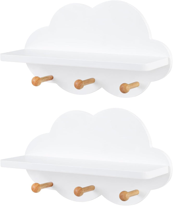 WOLTU 2er Set Wolkenregal, Kinder Garderobenhaken, Wandregal mit Haken, Hängeregal, Schweberegal wei