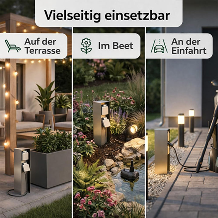 LED Universum Gartensteckdose aus Edelstahl, IP44 für aussen, 23cm (Silber 2-fach), Silber 2-fach