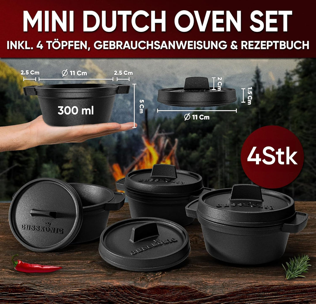 GUSSKÖNIG Dutch Oven Set Mini mit Holz-Untersetzer - 4x 300ml Gusseisen Mini Topf mit Deckel - einge