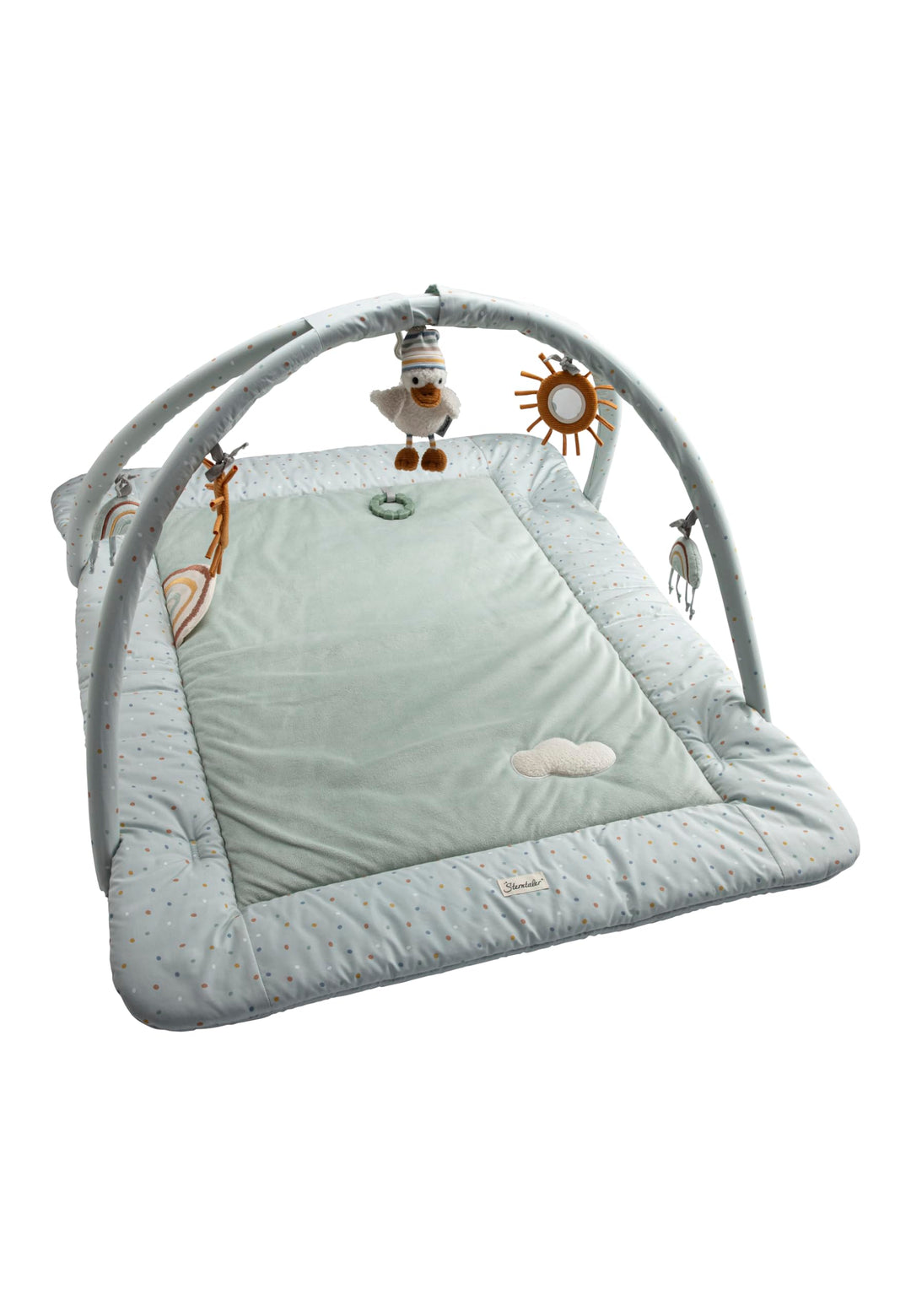 Spielbogen Ente Edda Lou, Baby Krabbeldecke 80 x 100 cm mit abnehmbarem Spielzeug und Kuscheltier, S