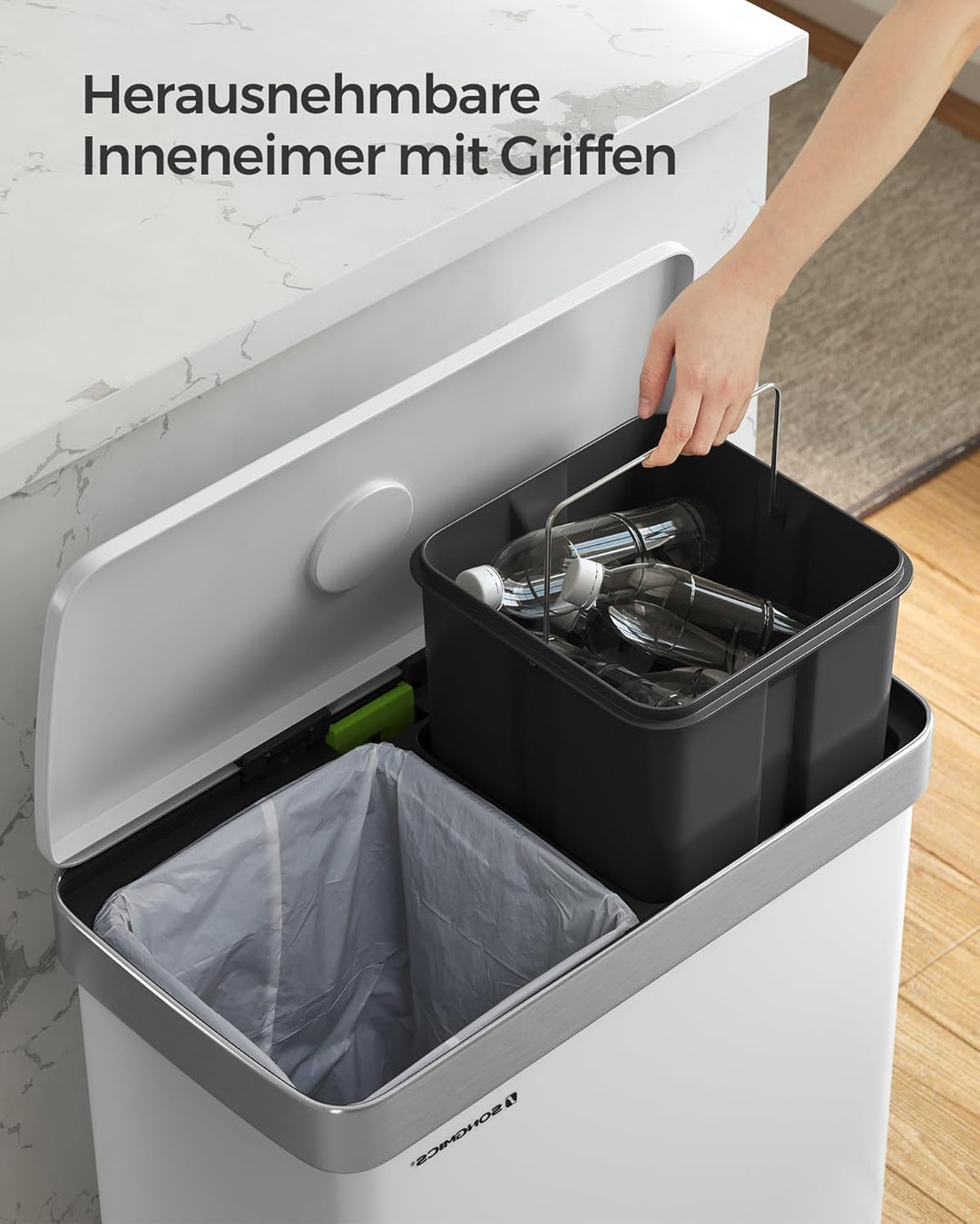 ‎SONGMICS Kücheneimer, 2 x 30L Edelstahl-Tret-Abfalleimer mit 15 Müllbeuteln, Recycling und Abfall,