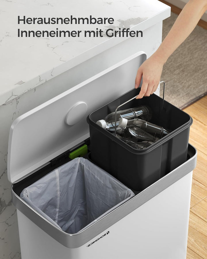 ‎SONGMICS Kücheneimer, 2 x 30L Edelstahl-Tret-Abfalleimer mit 15 Müllbeuteln, Recycling und Abfall,