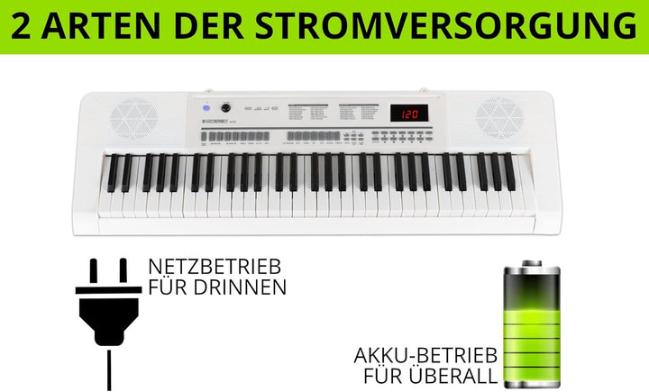McGrey 6170 WH Akku-Keyboard - 61 Tasten-Keyboard mit integriertem Akku - 200 Klänge und Rhythmen -