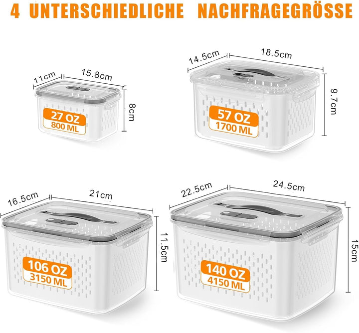 4er Pack Kühlschrank Organizer – Gemüse Aufbewahrung & Organisation, stapelbar mit Sieb, Deckel und