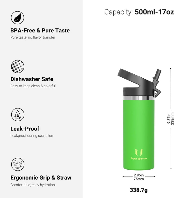 Super Sparrow Trinkflasche Kinder 500ml - Breite Öffnung SwivelSip Thermosflasche - BPA-Frei Thermos