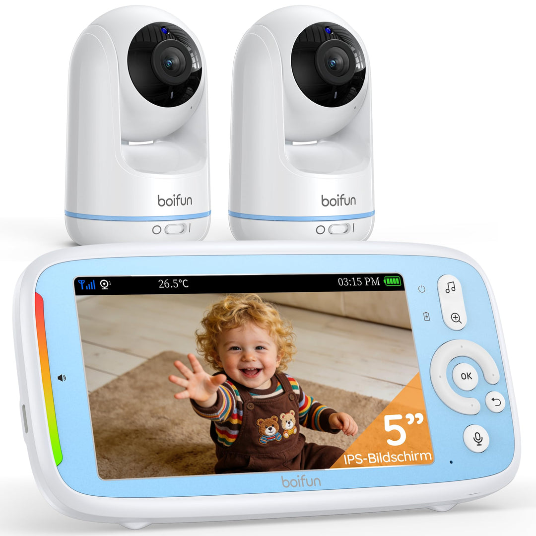 BOIFUN babyphone mit 2 kameras, 5 Zoll 720P HD IPS Bildschirm PTZ 360° View 3×Zoom VOX-Modus babyfon