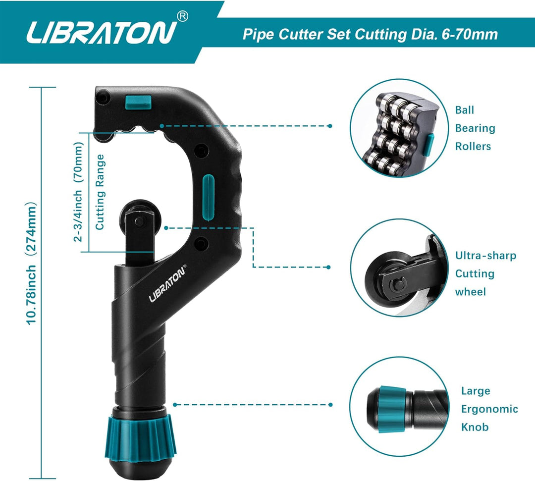 Libraton Rohrschneider 6-70 mm, Rohrabschneider, Kupferrohrschneider Set, Leitungsschneider mit Entg