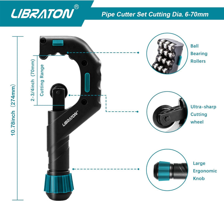 Libraton Rohrschneider 6-70 mm, Rohrabschneider, Kupferrohrschneider Set, Leitungsschneider mit Entg