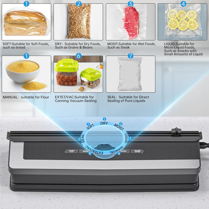 5-in-1 Vakuumiergerät mit Schneidefunktion | 85Kpa Vakuumierer für Fleisch, Gemüse & Kühlung | Mit D