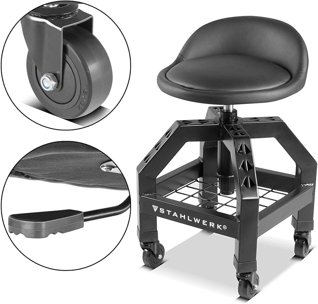 STAHLWERK Werkstatthocker VWH-300 ST 136 kg 59–76 cm Sitzhöhe | Höhenverstellbar, grosses Ablagefach