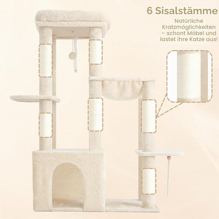 Heybly Kratzbaum 120cm - Grosser Katzenbaum für Erwachsene Katzen mit XL-Basis, Katzenwohnung mit Me
