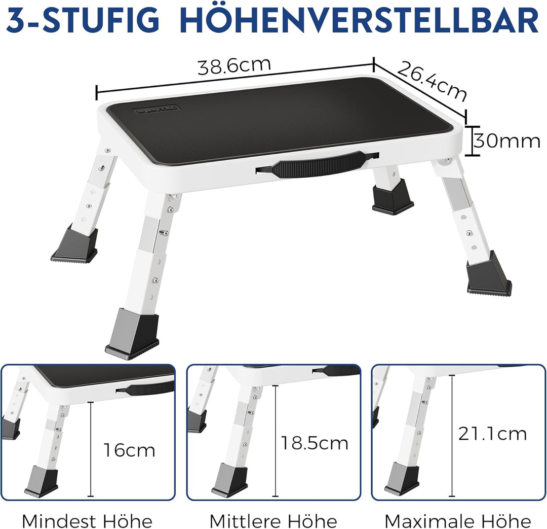 BONTEC Klapptritt, 3-stufig höhenverstellbar, bis 150 kg belastbar, rutschfeste Plattform, faltbar,
