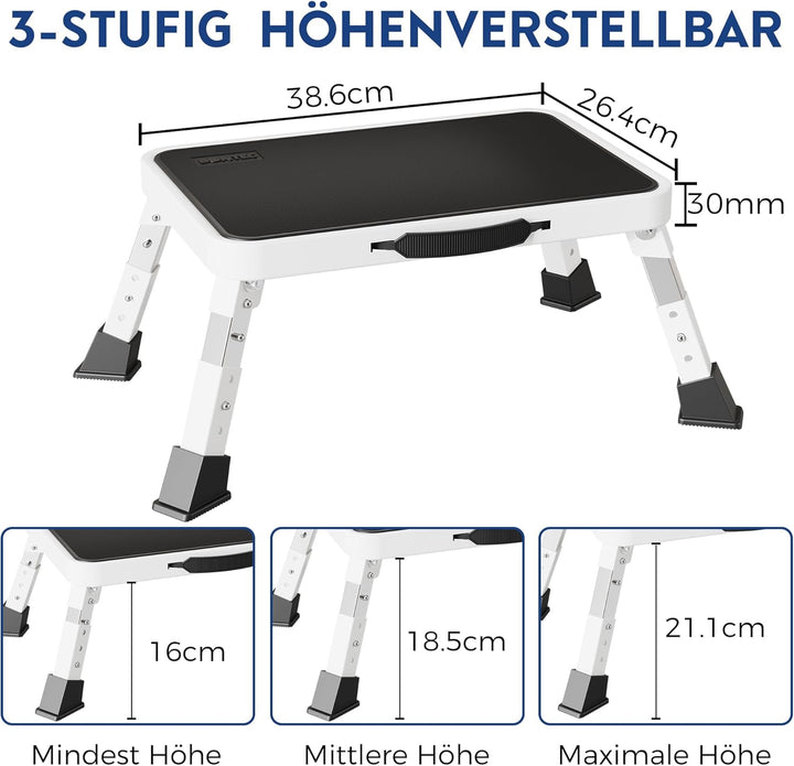 BONTEC Klapptritt, 3-stufig höhenverstellbar, bis 150 kg belastbar, rutschfeste Plattform, faltbar,