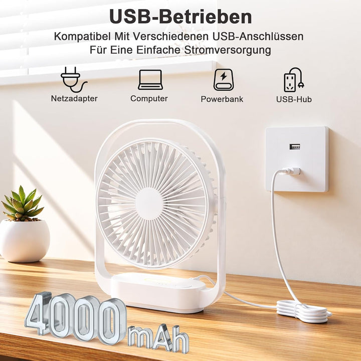 SURFOU Ventilator 4000mAh Akku, Kabelloser Tischventilator mit 4 Stufen und 2 Nachtlicht-Modi, USB-C