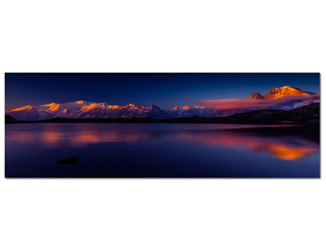 Paul Sinus Art Panoramabild auf Leinwand und Keilrahmen 150x50cm Berge See Sonnenuntergang Spiegelun