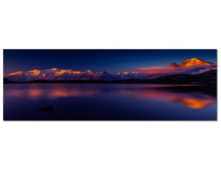 Paul Sinus Art Panoramabild auf Leinwand und Keilrahmen 150x50cm Berge See Sonnenuntergang Spiegelun