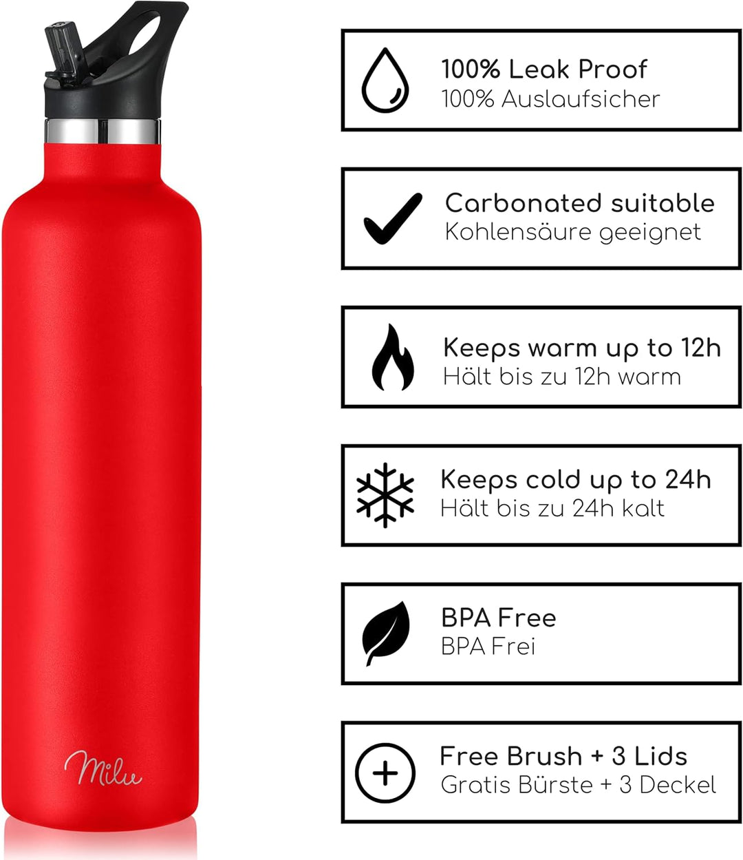 Milu Edelstahl Trinkflasche 350ml 500ml 750ml 1000ml (+3 Deckel) - Thermosflasche mit Strohhalm, Iso