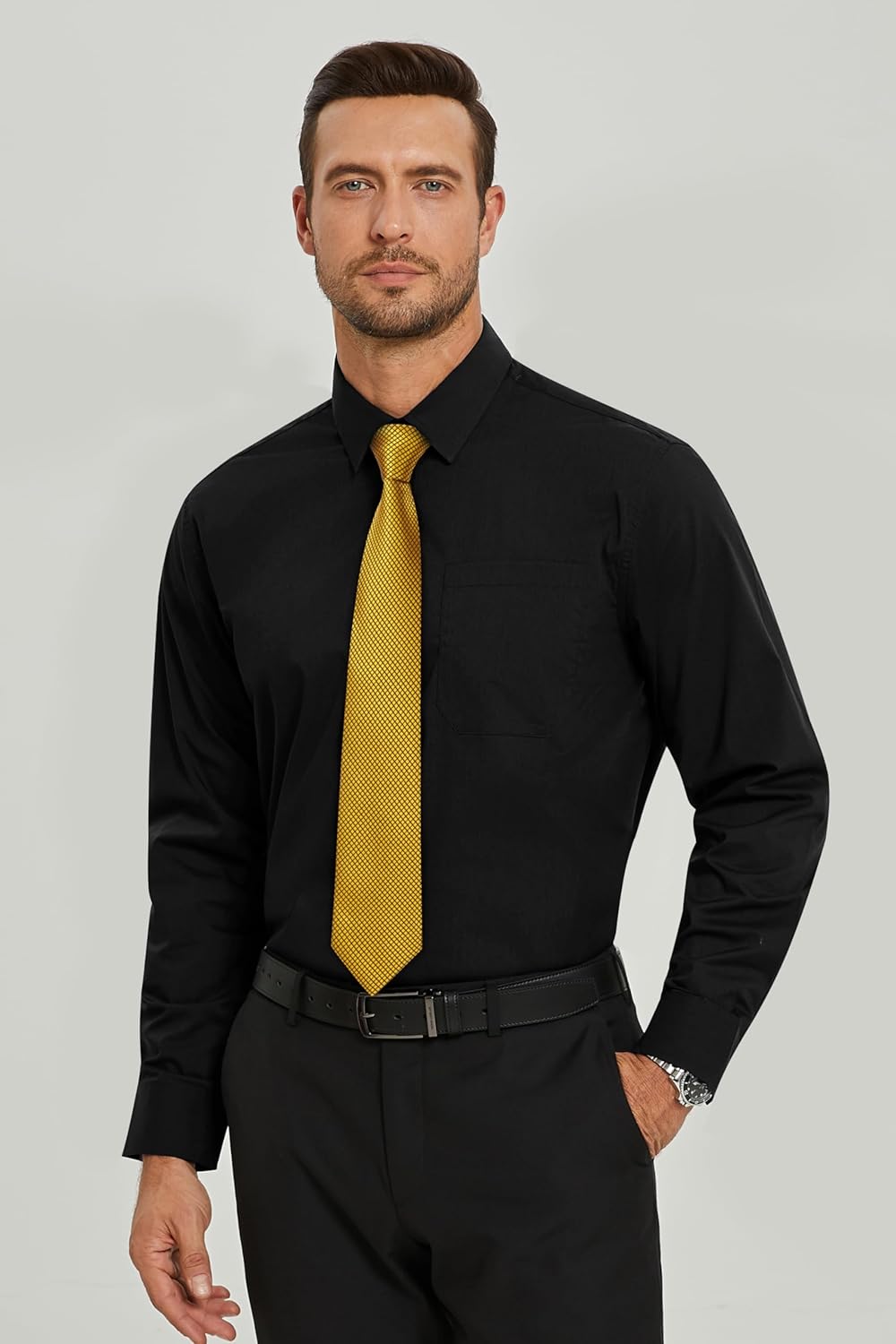 HISDERN Herren Hemd Langarm Einfarbige Hemden mit Krawatte und Taschentuch Formelle Businesshemd Hoc