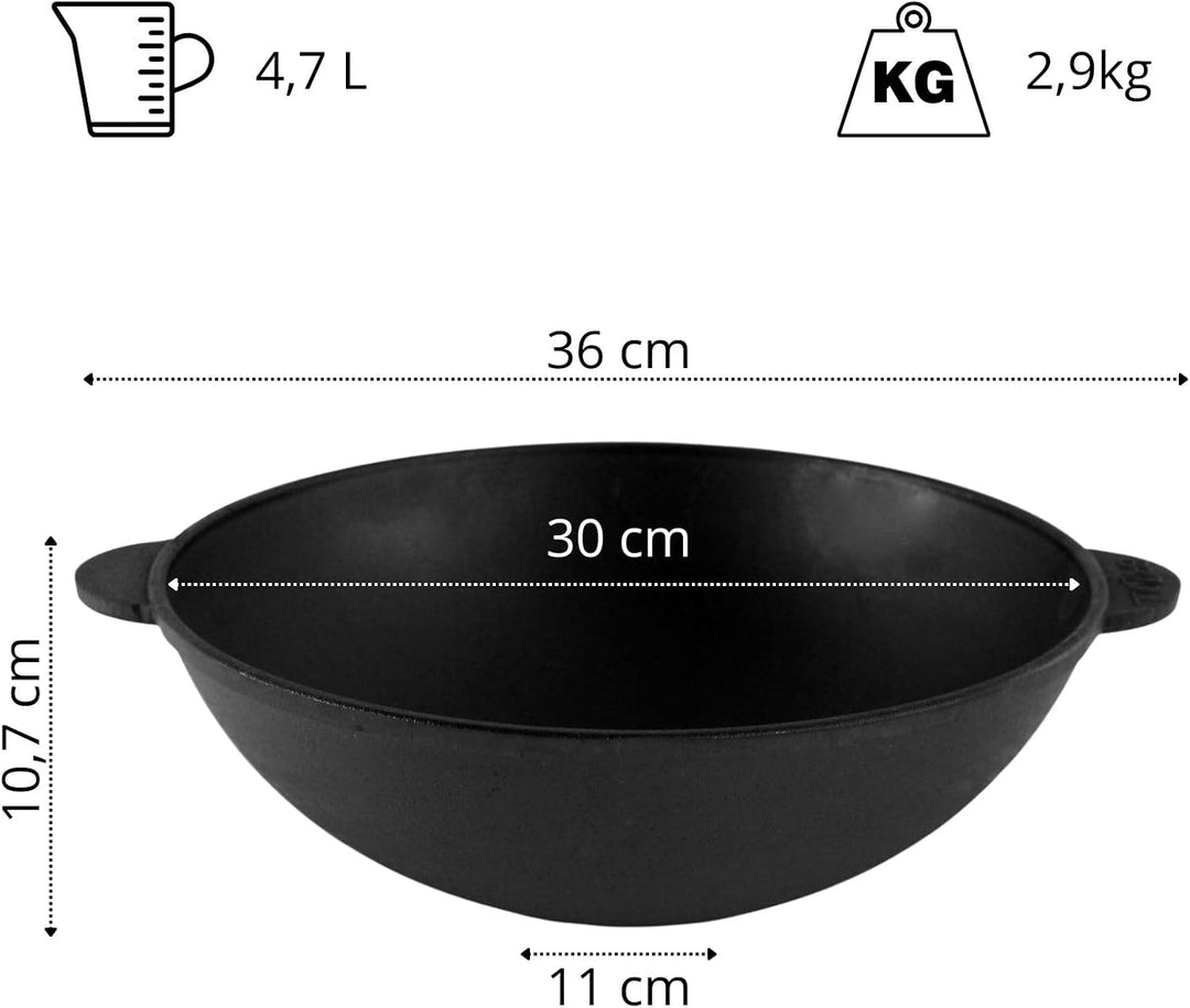 BIG-PAN Wokpfanne Gusseisen 30 cm, 4,7 L für alle Herdarten inkl. Induktion Asia Wok Bratpfanne Schm