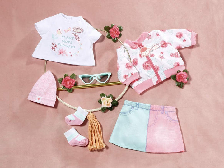 Baby Annabell Deluxe Frühling Outfit, Puppenkleidung Set bestehend aus rosa Puppenjacke, Rock, Mütze