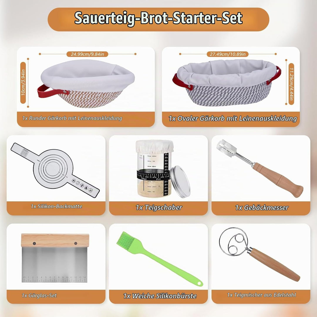 Sauerteig Starter Set 11-Teilig, 2 Gärkörbchen und Brot Backen Zubehör, Rund und Oval Brotkorb Zum B
