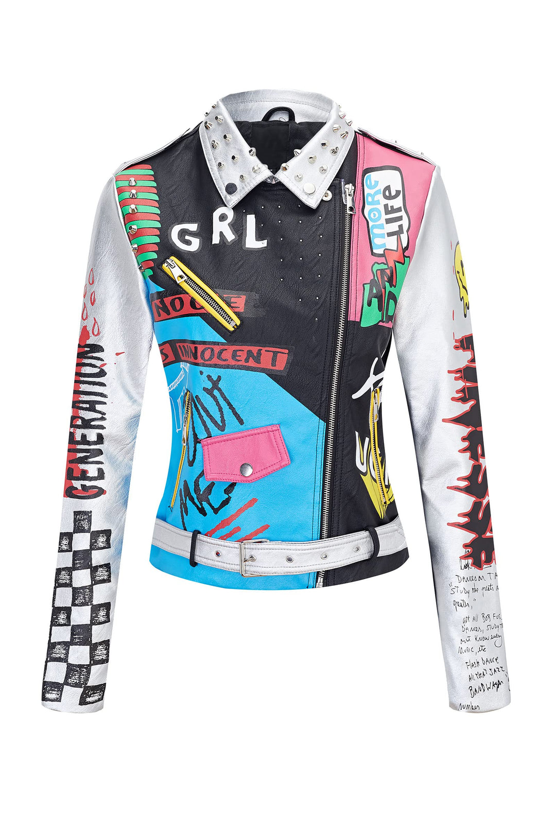 Giolshon Damen Kunstleder Jacke Nieten Floral Moto Biker Kurzer Revers Mantel XXL Silber schwarz, XX
