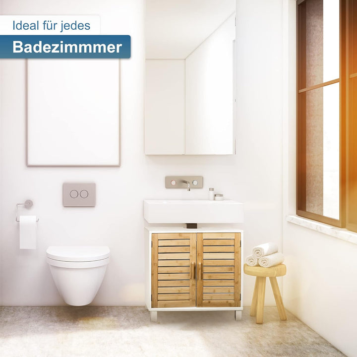 osoltus Bad Waschbecken Unterschrank Kopenhagen Bambus Holz Weiss - Unterschrank für Badezimmer - 60