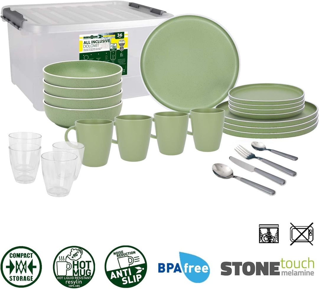 BRUNNER: Melamin Geschirr-Set Camping | 36-Teilig - Teller, Becher, Besteck & Gläser für 2-4 Persone