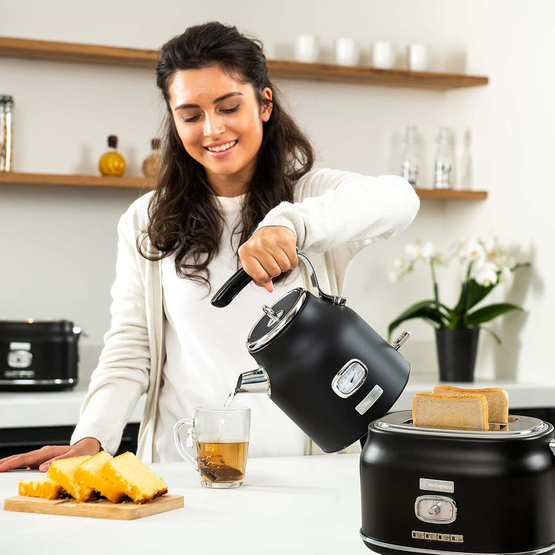 Westinghouse Retroline Frühstück-Set Schwarz, Toaster & Wasserkocher, 1.7 Liter, Kalkfilter & Überhi