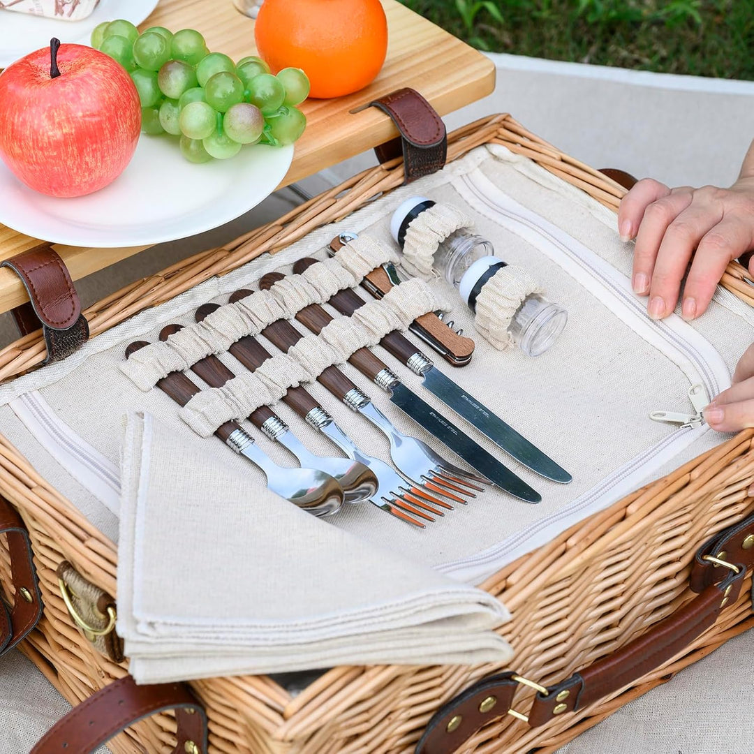 Multifunktionales Picknickkorb-Set aus Weidengeflecht für 4 Personen mit Decke und Picknicktisch, is